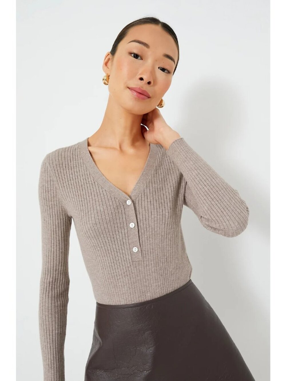 TUCKERNUCK Women's Oat Hendrix Ribbed Henley Beige Color Casual